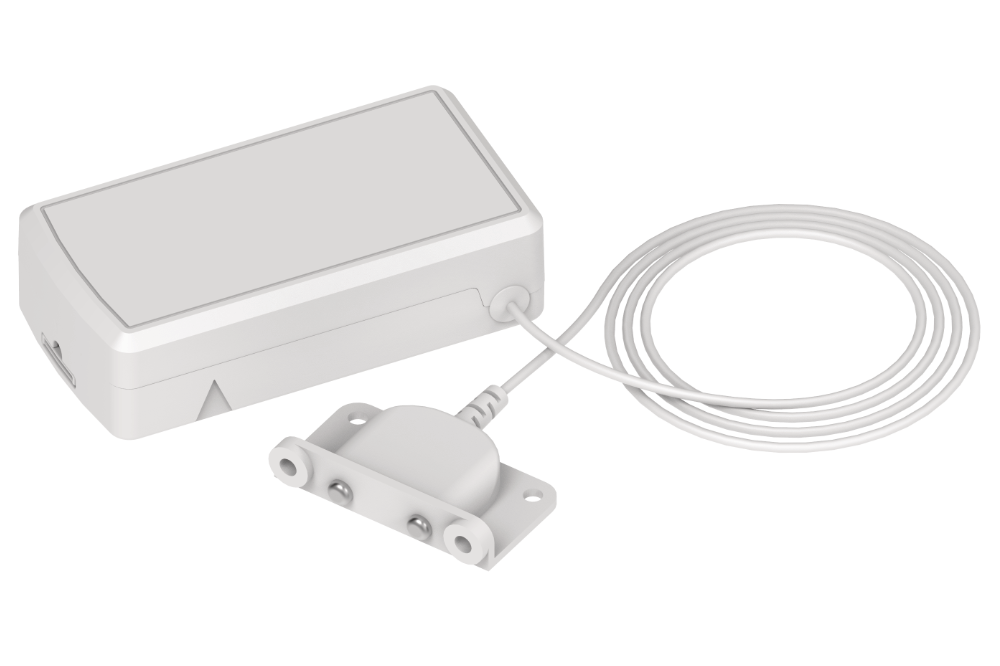 The water leak sensor uses a water/liquid sensor probe to detect the presence of water or other liquids. When the presence of water or another liquid is detected, an alert is sent to the wireless network.